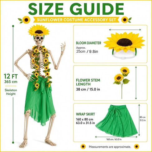 Yi-gog 5Pcs 12 Ft Skeleton Costume Set Halloween Skeletons Outfit Sunflower Headband Sunflower Vine Garlands Green Wrap Skirt Halloween Accessories in Saudi Arabia
