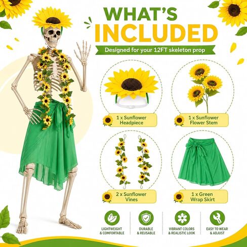 Yi-gog 5Pcs 12 Ft Skeleton Costume Set Halloween Skeletons Outfit Sunflower Headband Sunflower Vine Garlands Green Wrap Skirt Halloween Accessories in Saudi Arabia