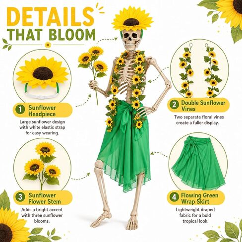 Yi-gog 5Pcs 12 Ft Skeleton Costume Set Halloween Skeletons Outfit Sunflower Headband Sunflower Vine Garlands Green Wrap Skirt Halloween Accessories in Saudi Arabia