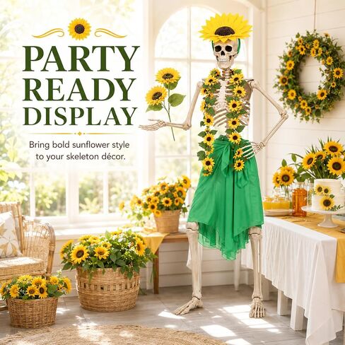 Yi-gog 5Pcs 12 Ft Skeleton Costume Set Halloween Skeletons Outfit Sunflower Headband Sunflower Vine Garlands Green Wrap Skirt Halloween Accessories in Saudi Arabia
