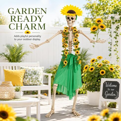 Yi-gog 5Pcs 12 Ft Skeleton Costume Set Halloween Skeletons Outfit Sunflower Headband Sunflower Vine Garlands Green Wrap Skirt Halloween Accessories in Saudi Arabia