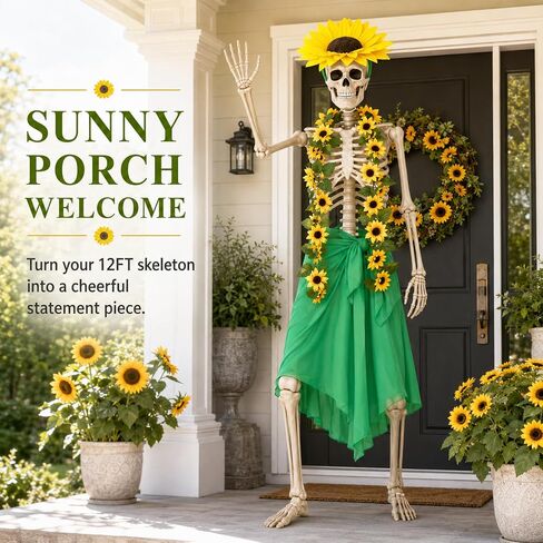 Yi-gog 5Pcs 12 Ft Skeleton Costume Set Halloween Skeletons Outfit Sunflower Headband Sunflower Vine Garlands Green Wrap Skirt Halloween Accessories in Saudi Arabia