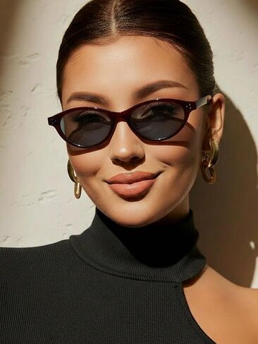 Women's Jujube Red Cat Eye PC Frame Personalized Rivet Retro Solid Color Fashionable Street Style Fashion Sunglasses in Kuwait