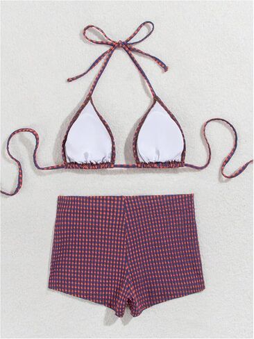 SweatyRocks Women's 2 Piece Swimsuit Textured Gingham Halter Triangle Bikini Top with Boyshorts in Kuwait
