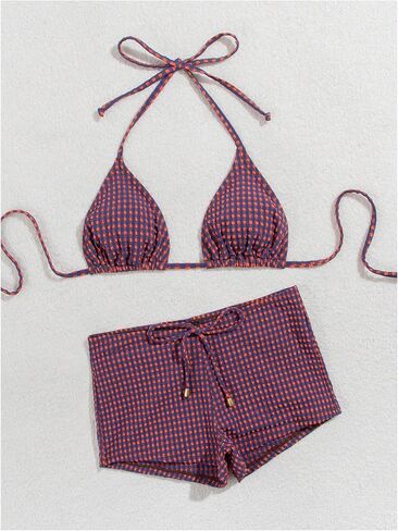 SweatyRocks Women's 2 Piece Swimsuit Textured Gingham Halter Triangle Bikini Top with Boyshorts in Kuwait
