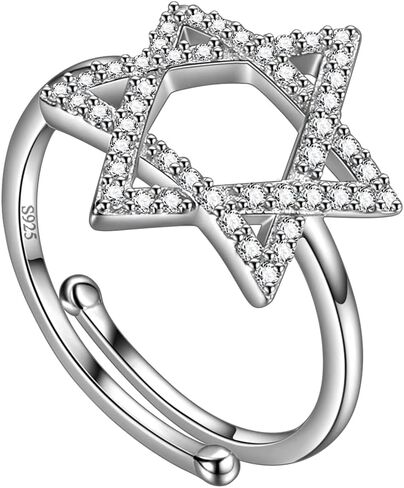 Jewmon Adjustable Jewish Star of David Ring for Women 925 Sterling Silver Cubic Zirconia Iced Star of David Jewish Ring Open Finger Ring Protection Amulet Jewelry Birthday Christmas Gifts for Women in Saudi Arabia