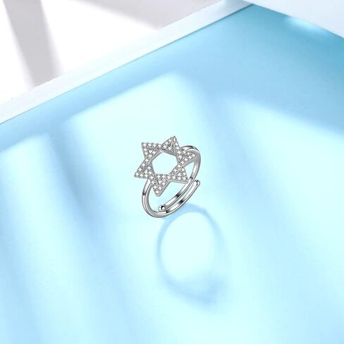 Jewmon Adjustable Jewish Star of David Ring for Women 925 Sterling Silver Cubic Zirconia Iced Star of David Jewish Ring Open Finger Ring Protection Amulet Jewelry Birthday Christmas Gifts for Women in Saudi Arabia