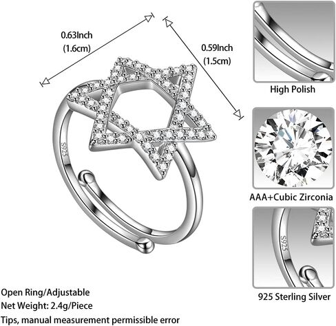 Jewmon Adjustable Jewish Star of David Ring for Women 925 Sterling Silver Cubic Zirconia Iced Star of David Jewish Ring Open Finger Ring Protection Amulet Jewelry Birthday Christmas Gifts for Women in Saudi Arabia