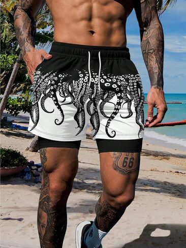 Men's Fashion Double Layer Octopus Print Sports Beach Shorts Men's Casual Outdoor Wear Ethnic Hawaiian Short Pants in Kuwait