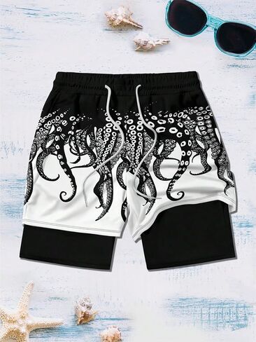 Men's Fashion Double Layer Octopus Print Sports Beach Shorts Men's Casual Outdoor Wear Ethnic Hawaiian Short Pants in Kuwait