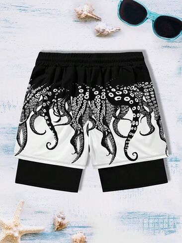 Men's Fashion Double Layer Octopus Print Sports Beach Shorts Men's Casual Outdoor Wear Ethnic Hawaiian Short Pants in Kuwait