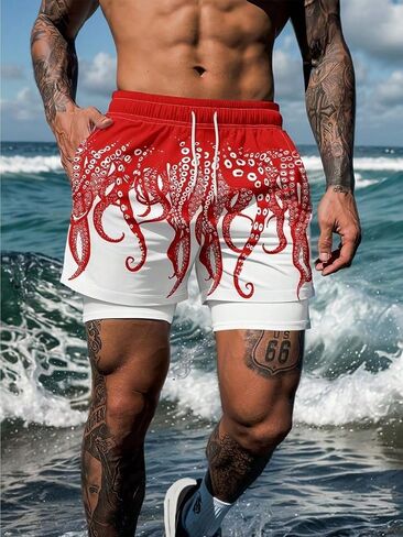 Men's Fashion Double Layer Octopus Print Sports Beach Shorts Men's Casual Outdoor Wear Ethnic Hawaiian Short Pants in Kuwait