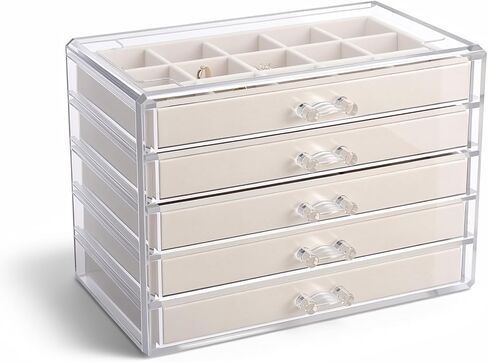 Acrylic Jewelry Box with 5 Drawers, Clear Case with Beige Velvet Lining, 9.25" x 5.31" x 6.7" Earring Organizer with Adjustable Dividers, Stackable Storage Display for Rings Necklaces Bracelets in Saudi Arabia