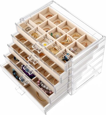 Acrylic Jewelry Box with 5 Drawers, Clear Case with Beige Velvet Lining, 9.25" x 5.31" x 6.7" Earring Organizer with Adjustable Dividers, Stackable Storage Display for Rings Necklaces Bracelets in Saudi Arabia