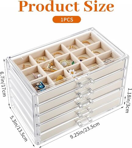 Acrylic Jewelry Box with 5 Drawers, Clear Case with Beige Velvet Lining, 9.25" x 5.31" x 6.7" Earring Organizer with Adjustable Dividers, Stackable Storage Display for Rings Necklaces Bracelets in Saudi Arabia