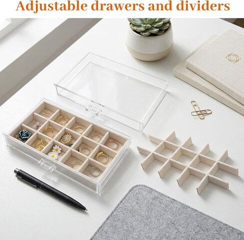 Acrylic Jewelry Box with 5 Drawers, Clear Case with Beige Velvet Lining, 9.25" x 5.31" x 6.7" Earring Organizer with Adjustable Dividers, Stackable Storage Display for Rings Necklaces Bracelets in Saudi Arabia