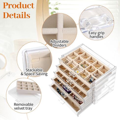 Acrylic Jewelry Box with 5 Drawers, Clear Case with Beige Velvet Lining, 9.25" x 5.31" x 6.7" Earring Organizer with Adjustable Dividers, Stackable Storage Display for Rings Necklaces Bracelets in Saudi Arabia