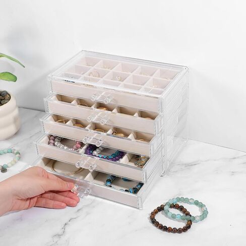 Acrylic Jewelry Box with 5 Drawers, Clear Case with Beige Velvet Lining, 9.25" x 5.31" x 6.7" Earring Organizer with Adjustable Dividers, Stackable Storage Display for Rings Necklaces Bracelets in Saudi Arabia