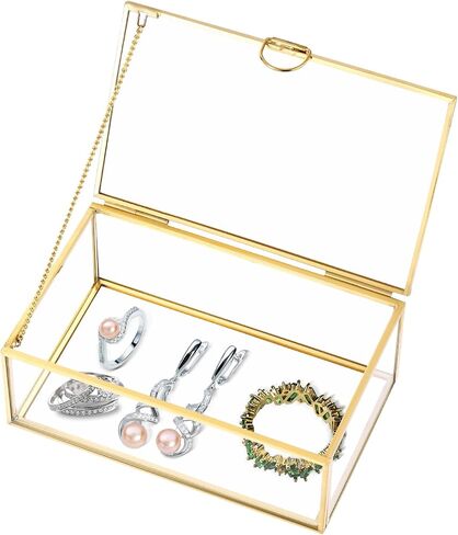 MYFULLY Vintage Gold Glass Jewelry Box with Lid | Rectangular Lidded Keepsake & Trinket Card Box for Rings, Bracelets, Earrings, Vanity, Home Decor (7.8 x 4.3 x 2.3 inch) in Saudi Arabia