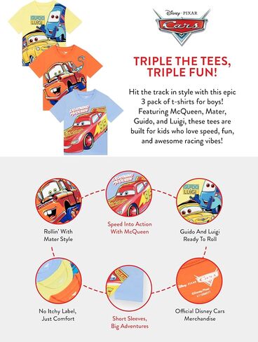 Disney Shirts for Kids, Lightning McQueen T Shirt Pack of 3, Boys Cars T Shirt, Multicolor 8 in Kuwait