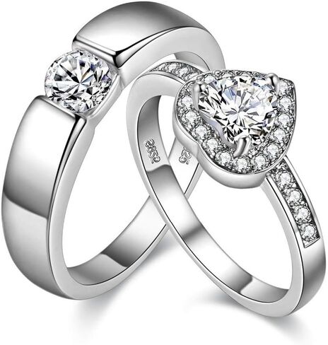 Uloveido A Pair of His and Her Engagement Ring Platinum Plated Heart Wedding Engagement Band for Women and Men Valentine's Day Couples Gifts J002M in Kuwait