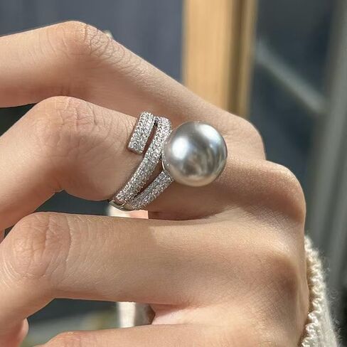925 Sterling Silver Grey Pearl Ring for Women Adjustable Open Band with Pave CZ Multi-Layer Statement Ring Pearl Inspired Cultured Pearl Statement Ring with Cubic Zirconia Band Bridal Wedding（Grey） in Saudi Arabia