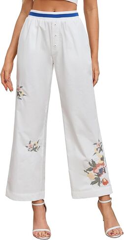 SCOFEEL Women's Floral Embroidered Wide Leg Ankle Pants Cotton Elastic Waist Palazzo Pants Casual Trousers with Pockets in Saudi Arabia