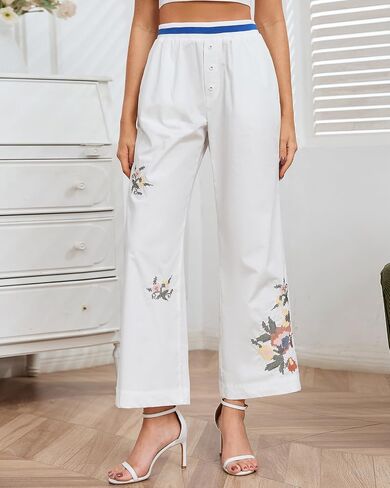 SCOFEEL Women's Floral Embroidered Wide Leg Ankle Pants Cotton Elastic Waist Palazzo Pants Casual Trousers with Pockets in Kuwait