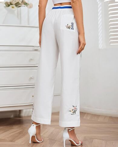 SCOFEEL Women's Floral Embroidered Wide Leg Ankle Pants Cotton Elastic Waist Palazzo Pants Casual Trousers with Pockets in Kuwait