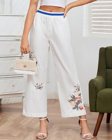 SCOFEEL Women's Floral Embroidered Wide Leg Ankle Pants Cotton Elastic Waist Palazzo Pants Casual Trousers with Pockets in Kuwait