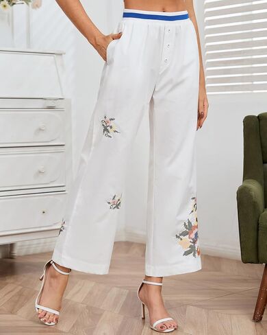 SCOFEEL Women's Floral Embroidered Wide Leg Ankle Pants Cotton Elastic Waist Palazzo Pants Casual Trousers with Pockets in Kuwait
