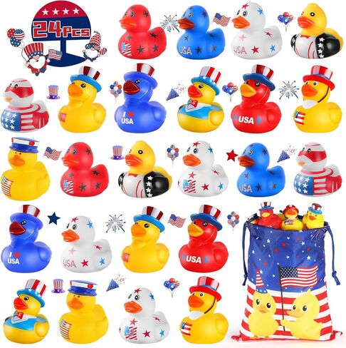 SCIONE Patriotic Rubber Ducks - 24 Pcs Independence Day Novelty Funny Squeeze Baby Shower Bathtub Ducks for Fourth of July Party Supplies in Kuwait