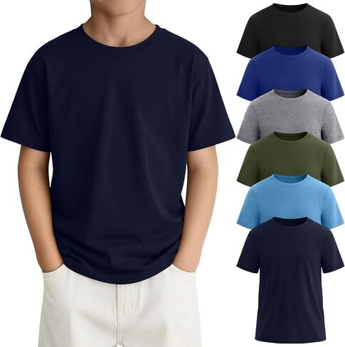 6 Pcs Boys Shirts Short Sleeve Kids Athletic Tees Lightweight Crewneck Tops Basic Summer Tshirts 5-16Y in Kuwait