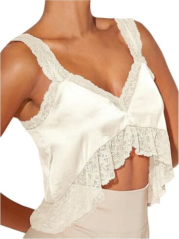 SOLY HUX Women's Satin Crop Top Lace Trim Sleeveless Asymmetrical Tank Shirt Going Out Tops in Kuwait