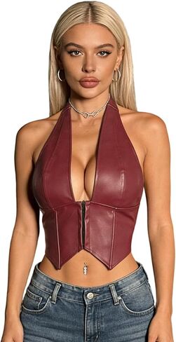 Women Faux Leather Tank Tops Solid Color Deep V-Neck Cross Tie-Up Back Sleeveless Halter Vests Clubwear Streetwear in Saudi Arabia