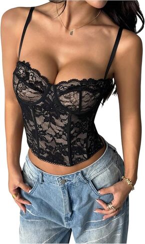 MakeMeChic Women's Floral Lace Bustier Top Spaghetti Strap Y2K Camisole Crop Going Out Tops in Kuwait