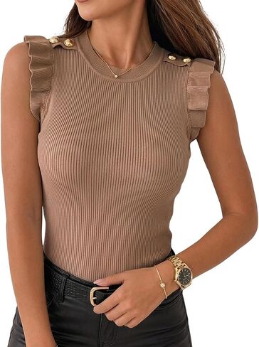 CHICME Ribbed Tank Tops for Women Sleeveless Ruffle Top Gold Button Sweater Vest 2026 Summer Tops Business Casual Outfits in Saudi Arabia