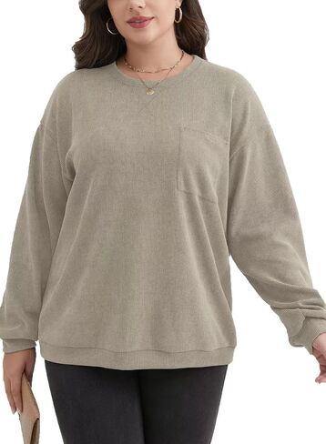 المرأة حجم كبير موضة 2026 الربيع بلوزات Crewneck كم طويل جيب مضلع متماسكة البلوز القمم in Kuwait