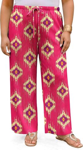 Plus Size Palazzo Pants for Women Flowy Wide Leg Boho Printed Trousers High Waisted Drawstring Beach Pant in Kuwait