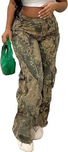Famnbro Camo Pants Women Mid-Low Waist Straight Leg Loose Cargo Camouflage Pants Y2K Streetwear in Saudi Arabia
