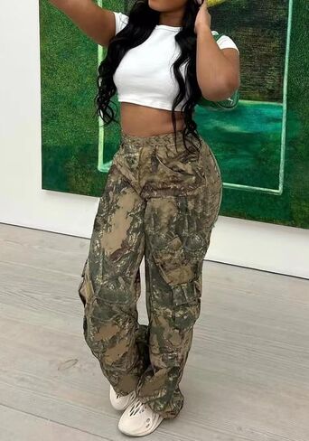 Famnbro Camo Pants Women Mid-Low Waist Straight Leg Loose Cargo Camouflage Pants Y2K Streetwear in Saudi Arabia
