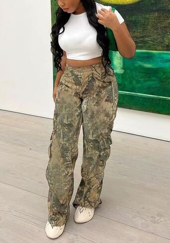 Famnbro Camo Pants Women Mid-Low Waist Straight Leg Loose Cargo Camouflage Pants Y2K Streetwear in Saudi Arabia
