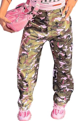 Famnbro Camo Pants Women Mid-Low Waist Straight Leg Loose Cargo Camouflage Pants Y2K Streetwear in Saudi Arabia