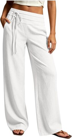 Hvyesh Women's Pants High Waist Decorative Drawstring Wide Leg Linen Pant with Pockets Casual Loose Summer Palazzo Trousers in Saudi Arabia