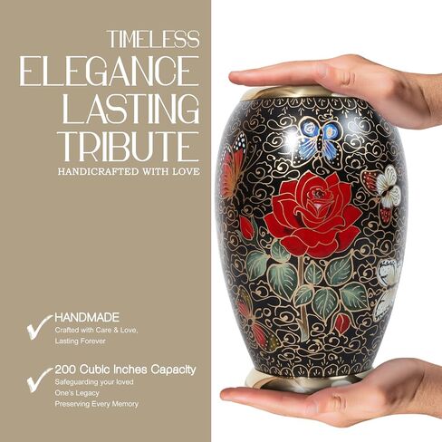 Large Cremation Urn for Human Ashes – Handcrafted Metal & Brass Funeral Urn – Monarch Adult Urn with Velvet Bag – Decorative Memorial Urn for Ashes for Women & Men - Black, 200 LB in Saudi Arabia