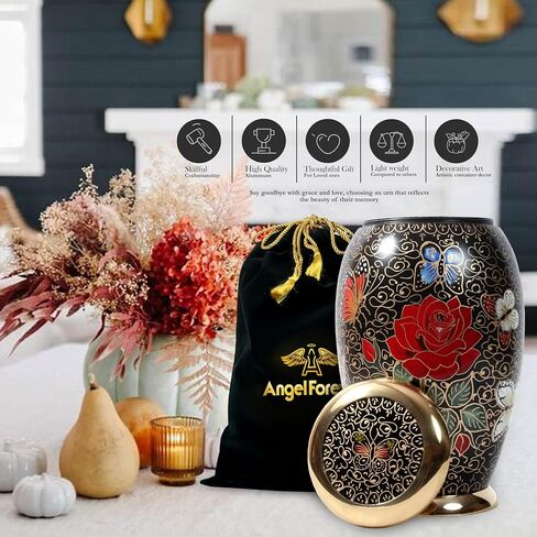 Large Cremation Urn for Human Ashes – Handcrafted Metal & Brass Funeral Urn – Monarch Adult Urn with Velvet Bag – Decorative Memorial Urn for Ashes for Women & Men - Black, 200 LB in Saudi Arabia