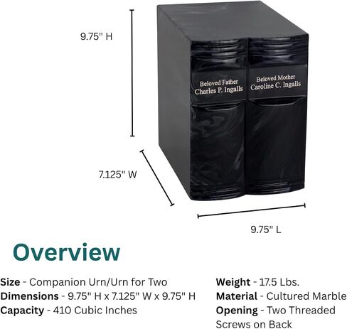 Custom Engraved Onyx Cultured Marble Book Urn for Two- Black - Companion Size - Cremation Urns for Human Ashes - Ground Burial, Home Memorial and Funeral Cremation Urn in Saudi Arabia