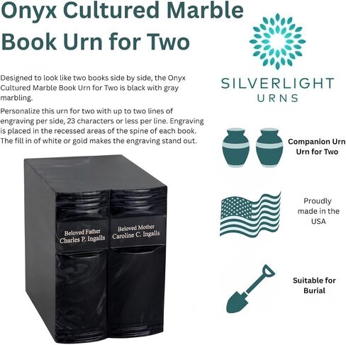 Custom Engraved Onyx Cultured Marble Book Urn for Two- Black - Companion Size - Cremation Urns for Human Ashes - Ground Burial, Home Memorial and Funeral Cremation Urn in Saudi Arabia