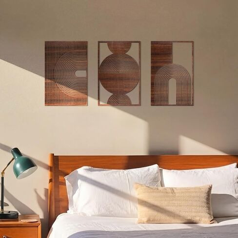 Yerliker 3 Pcs Mid Century Modern Wood Wall Art Decorations 3D Geometric Abstract Wall Sculpture for Living Room Bedroom Office Minimalist Aesthetic(Mid-century,15.75 x 15.75 x 1.97 Inch) in Kuwait