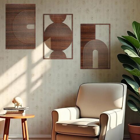 Yerliker 3 Pcs Mid Century Modern Wood Wall Art Decorations 3D Geometric Abstract Wall Sculpture for Living Room Bedroom Office Minimalist Aesthetic(Mid-century,15.75 x 15.75 x 1.97 Inch) in Kuwait